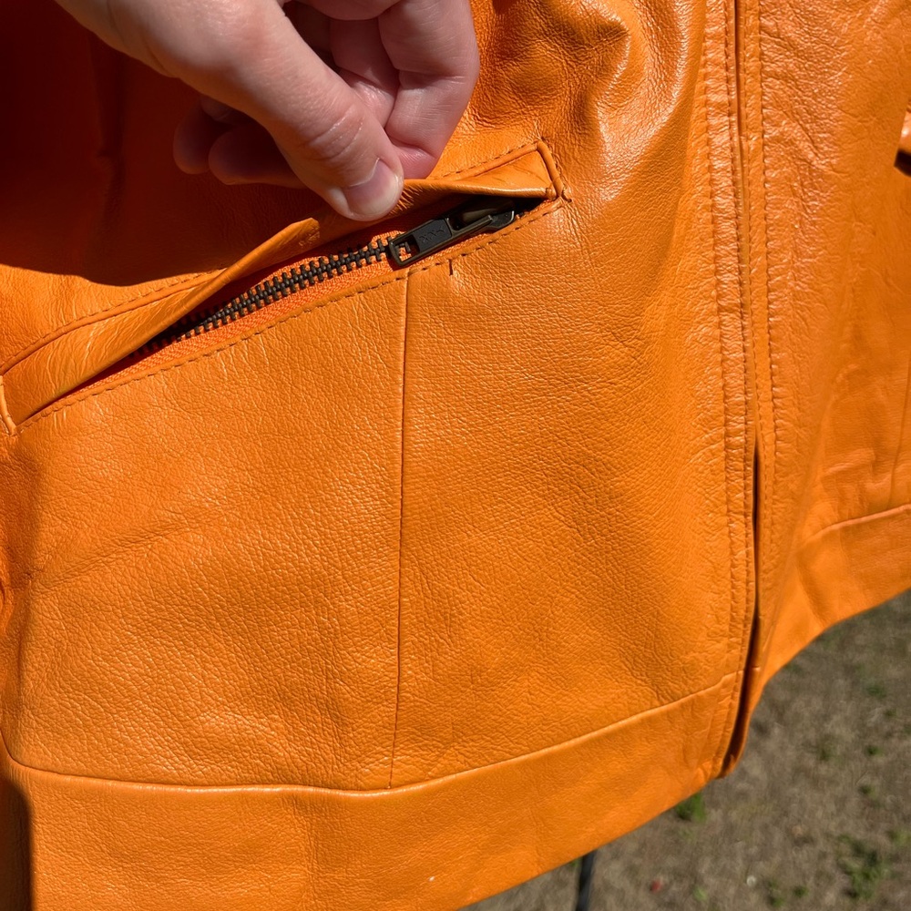 Y2K Metro Style Neon Orange Racing 100% Genuine Leather Jacket Women’s Size L - Picture 14 of 16
